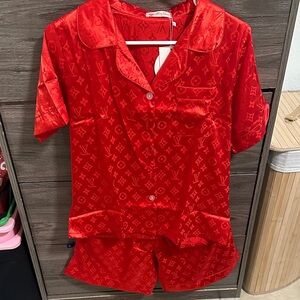 Red Satin Short Pajama Set with Monogram size M